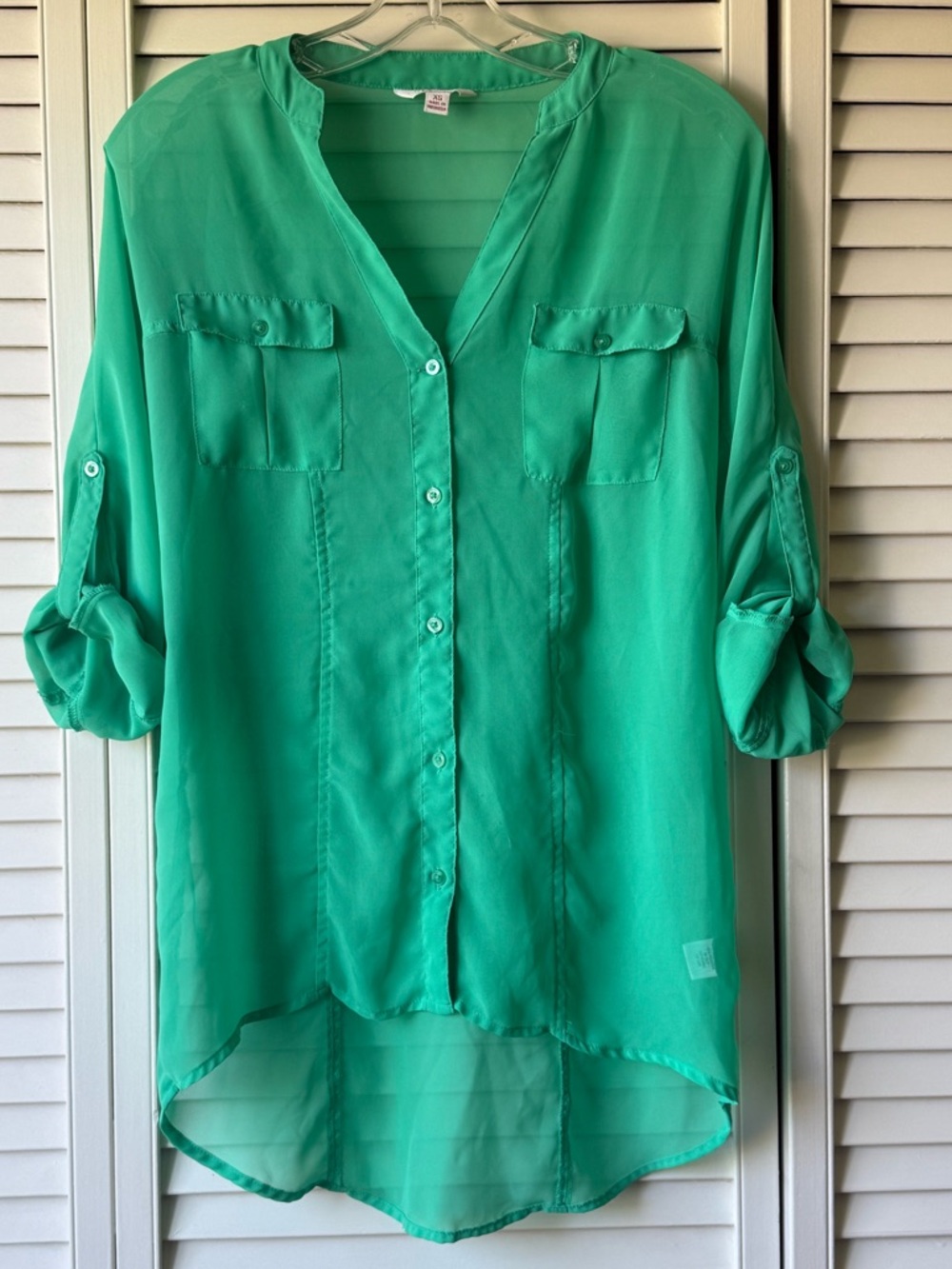 Candie's Sheer Button-Front Tunic Blouse in Teal Green